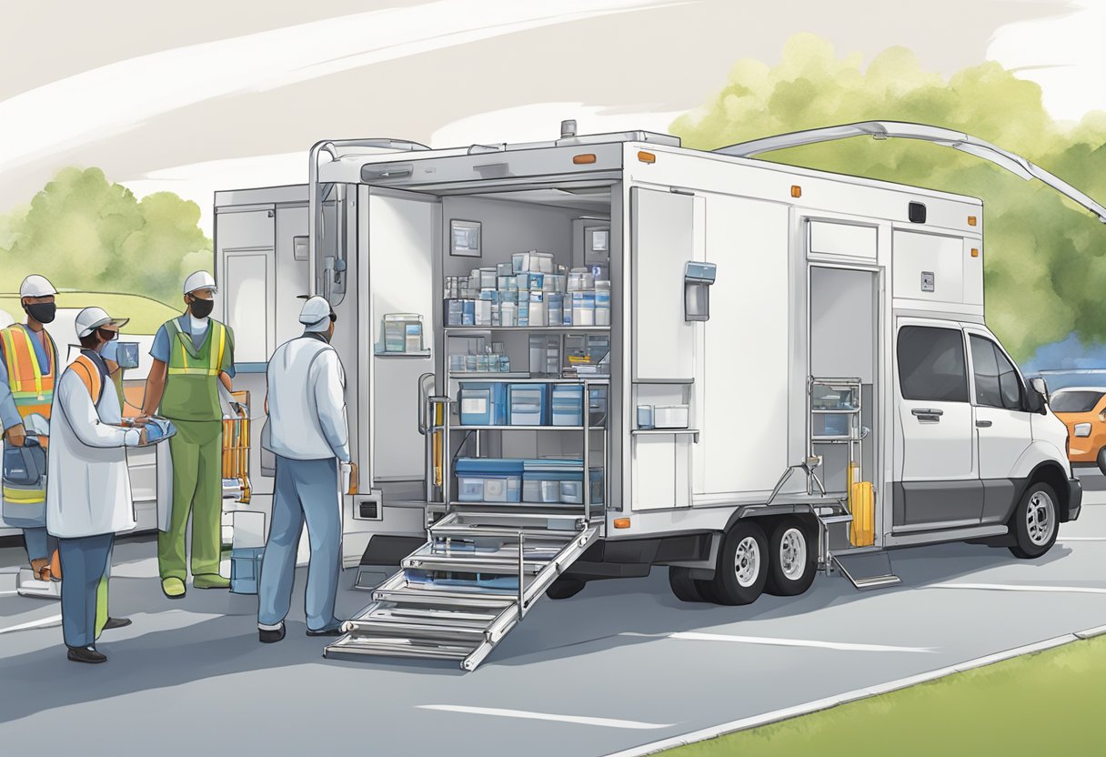 Uma unidade de UTI móvel estacionada em um evento ao ar livre, com equipamentos e suprimentos médicos sendo descarregados pela equipe.