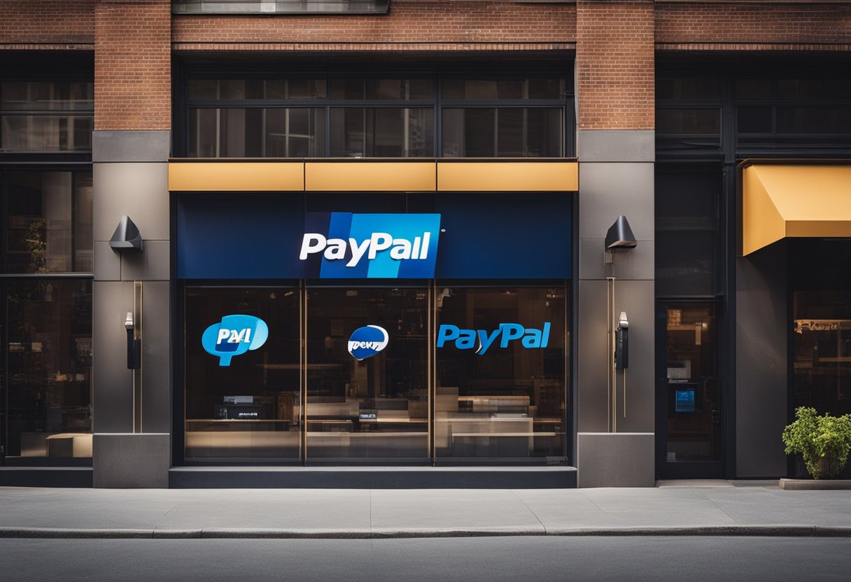Uma fileira de lojas com logotipos do PayPal em destaque, indicando a aceitação do método de pagamento.