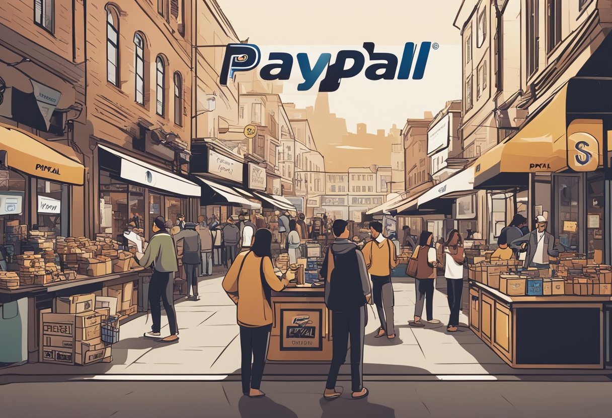 Um mercado movimentado com várias lojas exibindo o logo do PayPal. Clientes são vistos fazendo compras e usando seus telefones para realizar pagamentos.