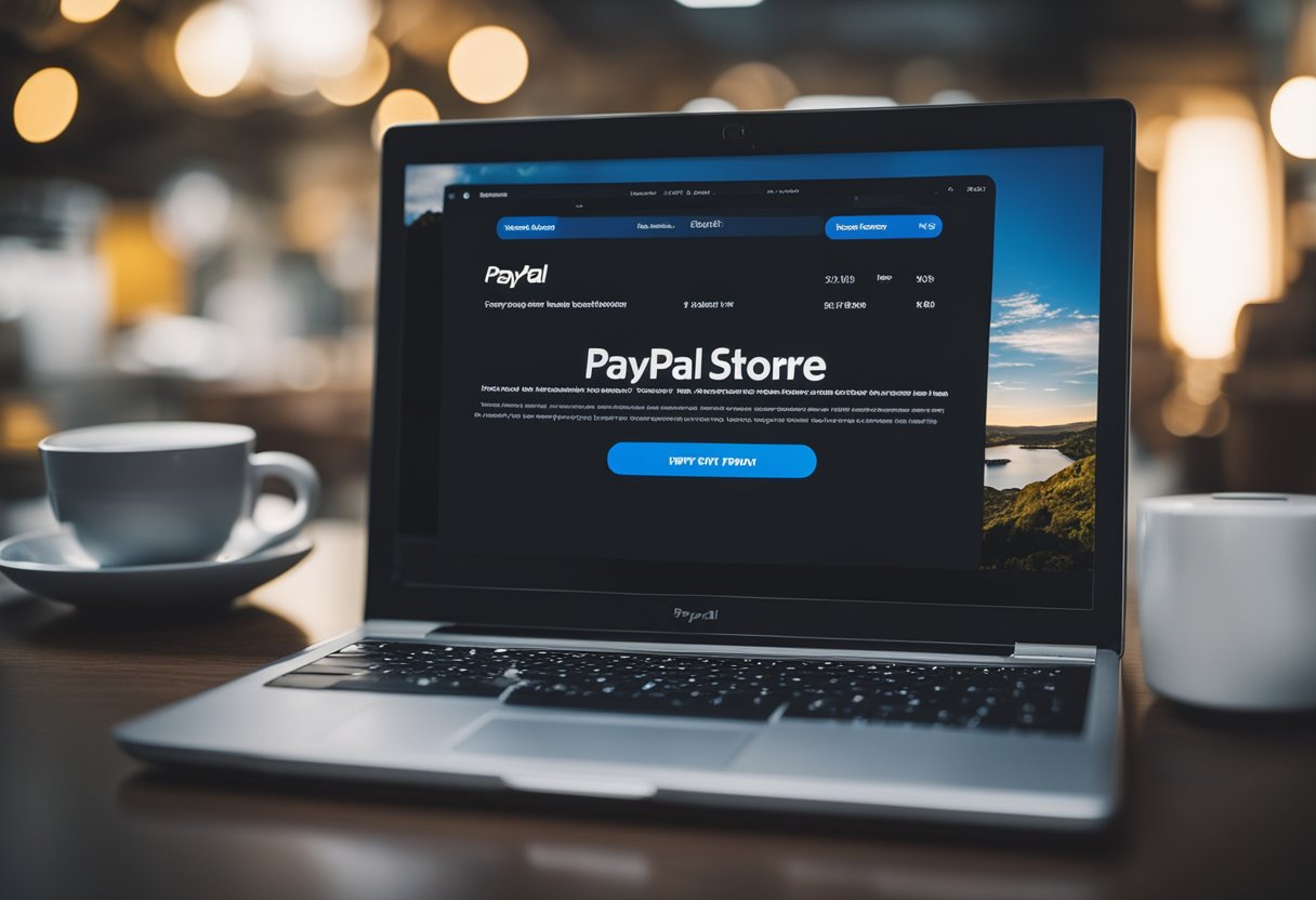 Um laptop exibindo várias lojas online com o logo do PayPal ao lado de suas opções de pagamento