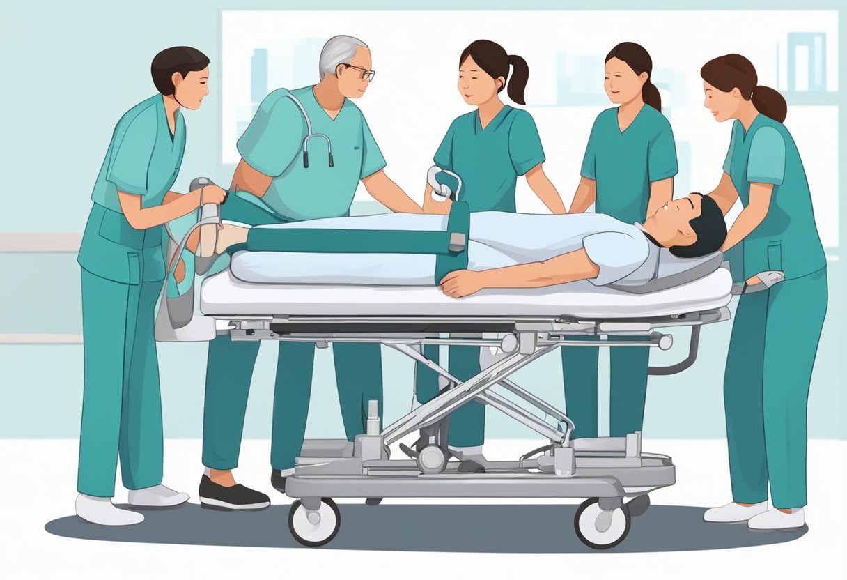 Um paciente deitado em uma cama médica confortável sendo cuidadosamente levantado e transportado por dois cuidadores usando um dispositivo de transporte médico especializado.