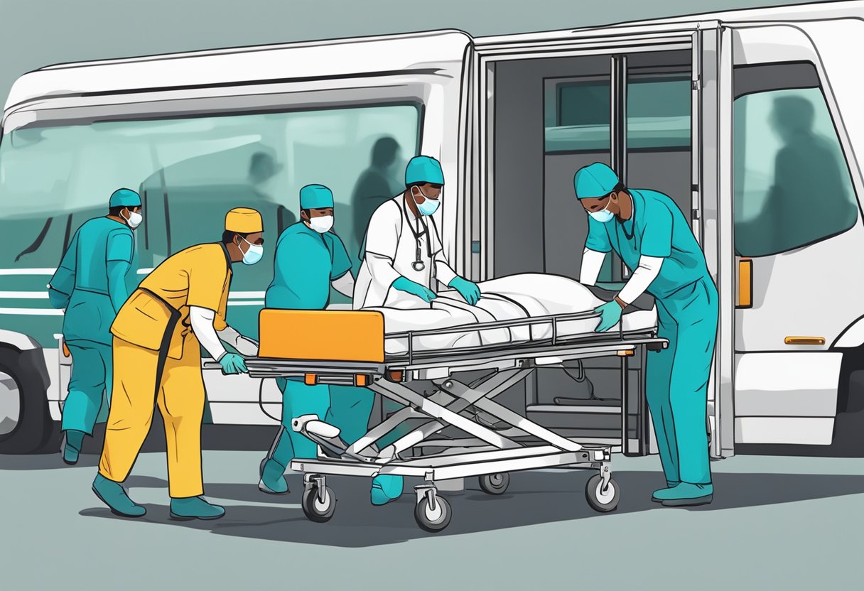 Um paciente em uma cama de hospital sendo cuidadosamente transferido para uma maca de transporte médico por dois profissionais de saúde.