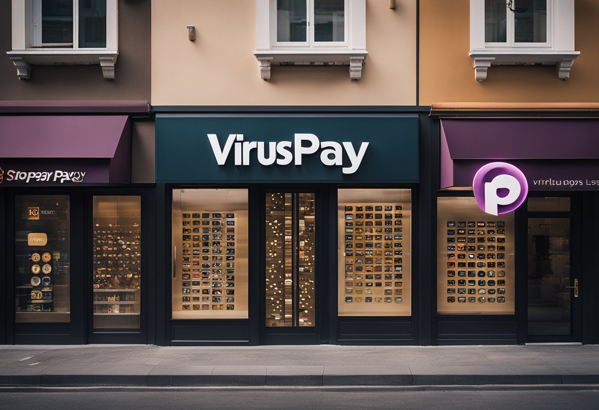 Uma fileira de vitrines diversas exibindo os logotipos da VirtusPay