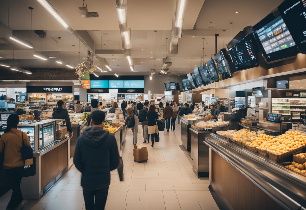 Um mercado movimentado com várias lojas exibindo o logo da VirtusPay, enquanto os clientes fazem compras usando o aplicativo VirtusPay nos caixas.