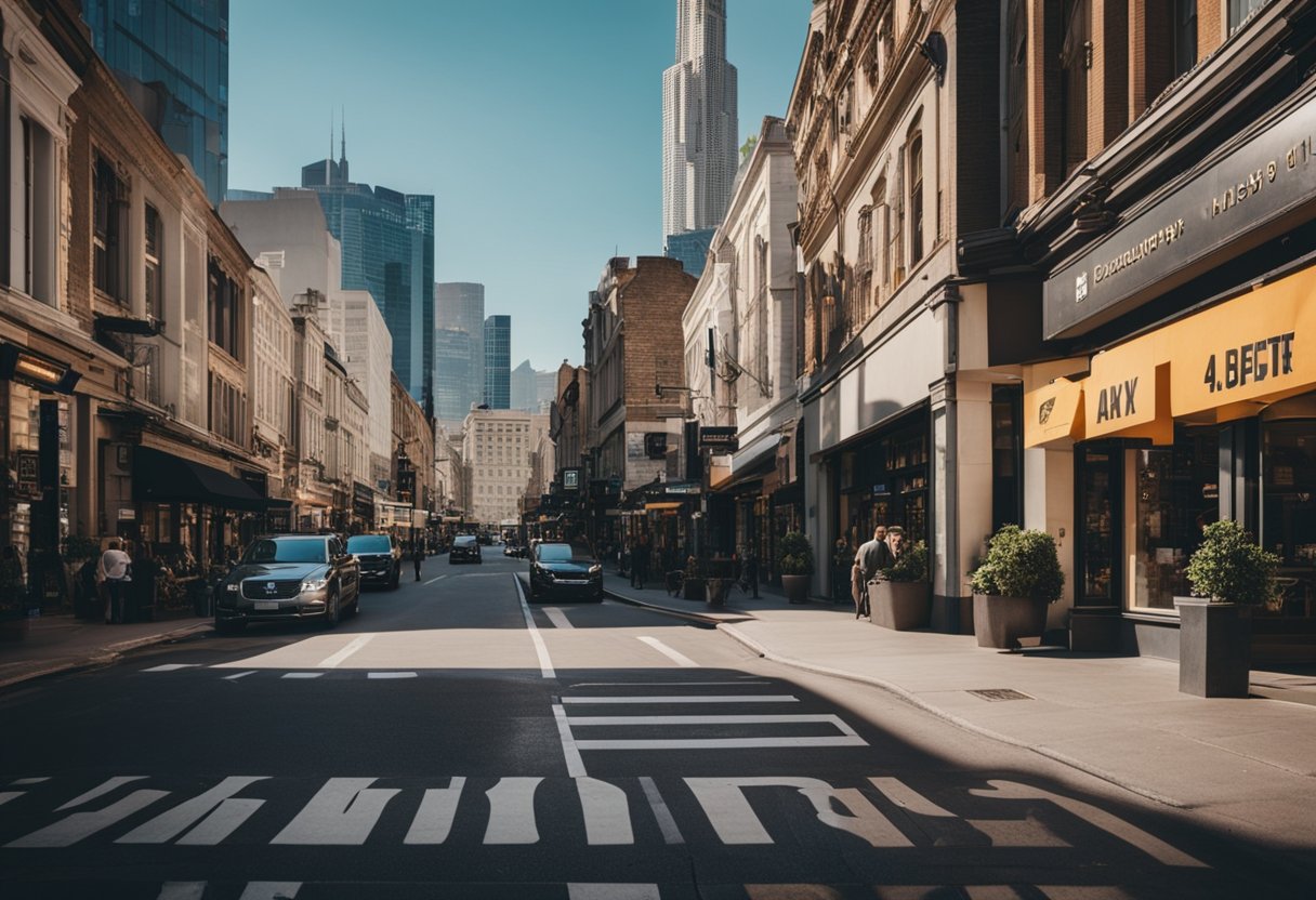 Uma rua movimentada da cidade com várias lojas exibindo sinais de aceitação para o VirtusPay