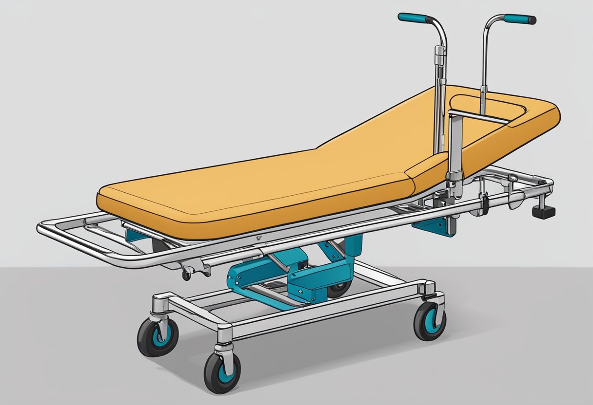 Uma maca médica especializada com cintas ajustáveis e uma estrutura robusta para transportar um paciente acamado