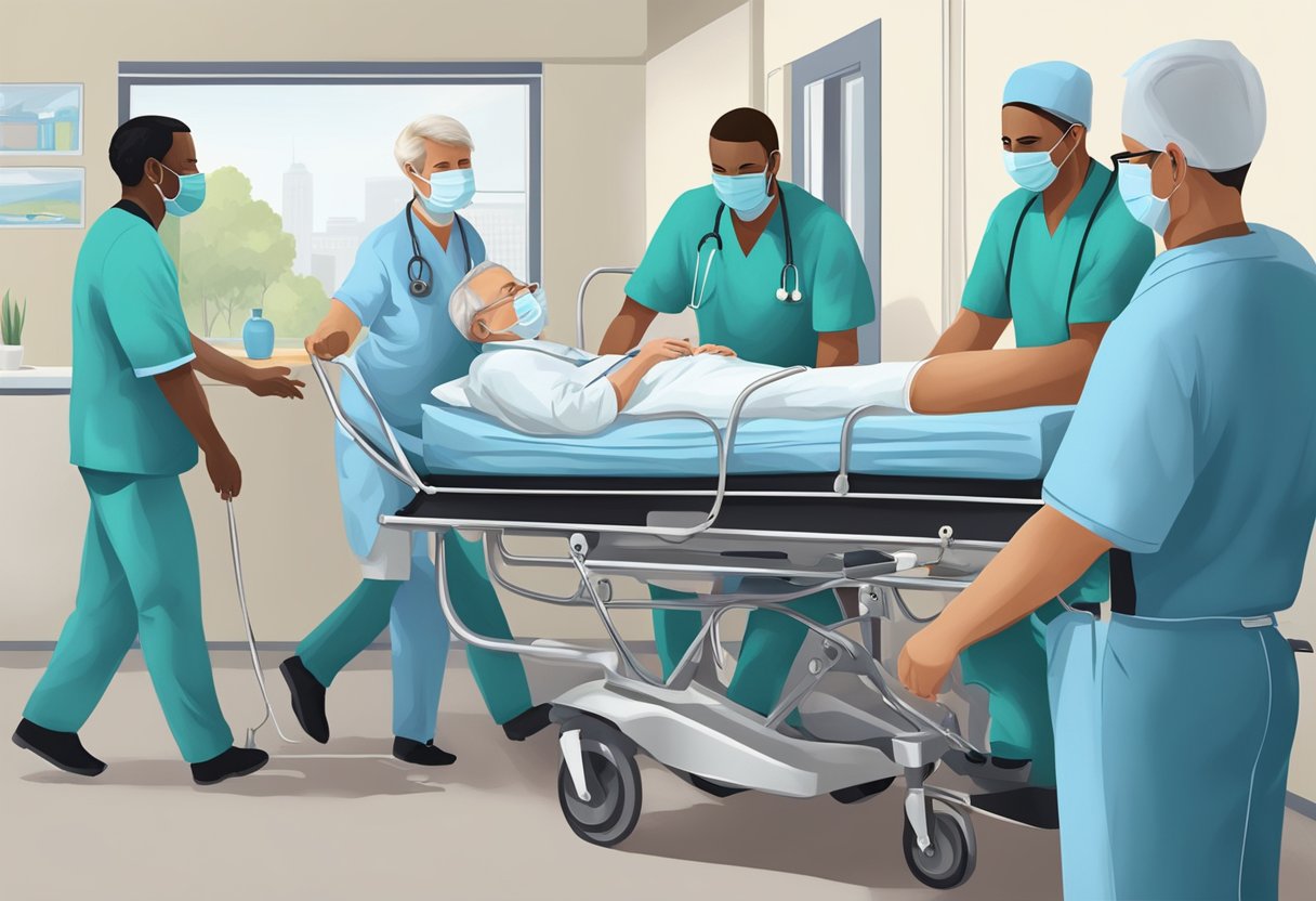 Uma equipe de profissionais transporta cuidadosamente um paciente acamado