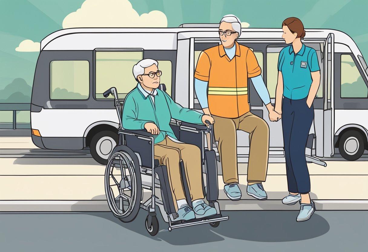 Um cuidador assegura cuidadosamente um paciente em uma cadeira de transporte especializada, garantindo seu conforto e segurança durante a viagem.