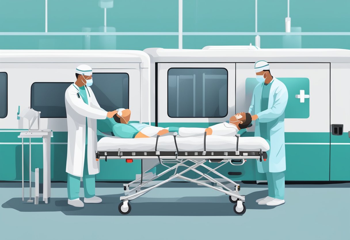 Uma equipe médica prepara uma maca e equipamentos médicos para transportar um paciente acamado