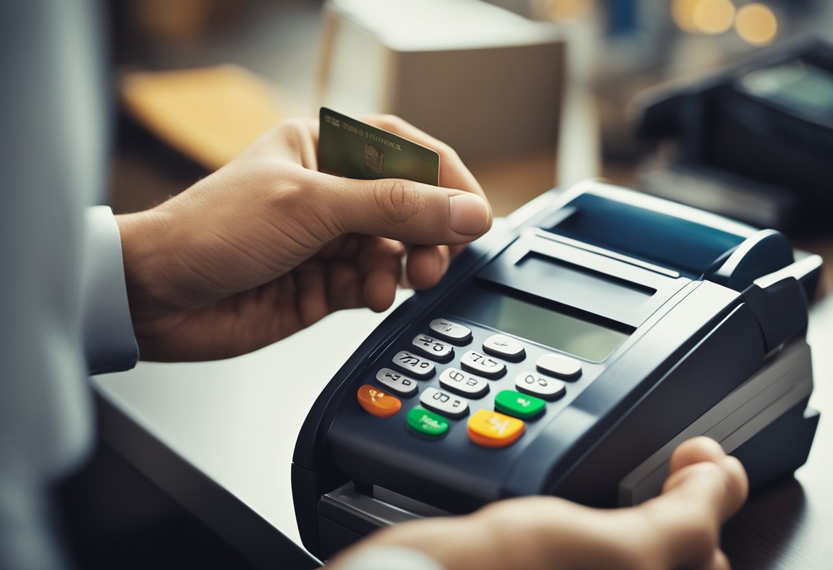 Uma pessoa preenchendo um pedido de cartão de crédito no balcão de uma loja, com um representante processando a solicitação e entregando o cartão recém-emitido.