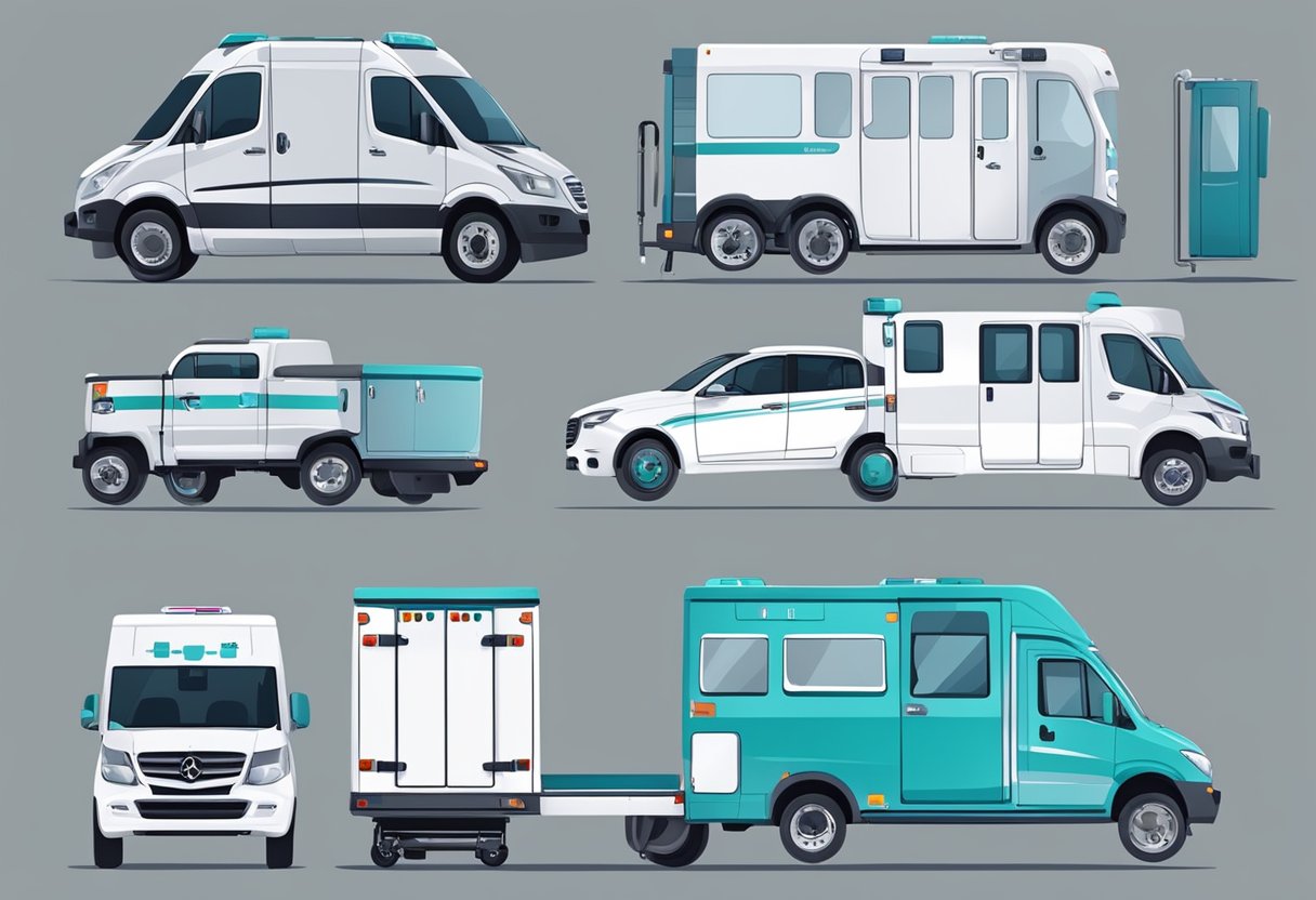 Um veículo de transporte médico com equipamentos e suprimentos especializados para manter a qualidade do atendimento a um paciente acamado durante o transporte.