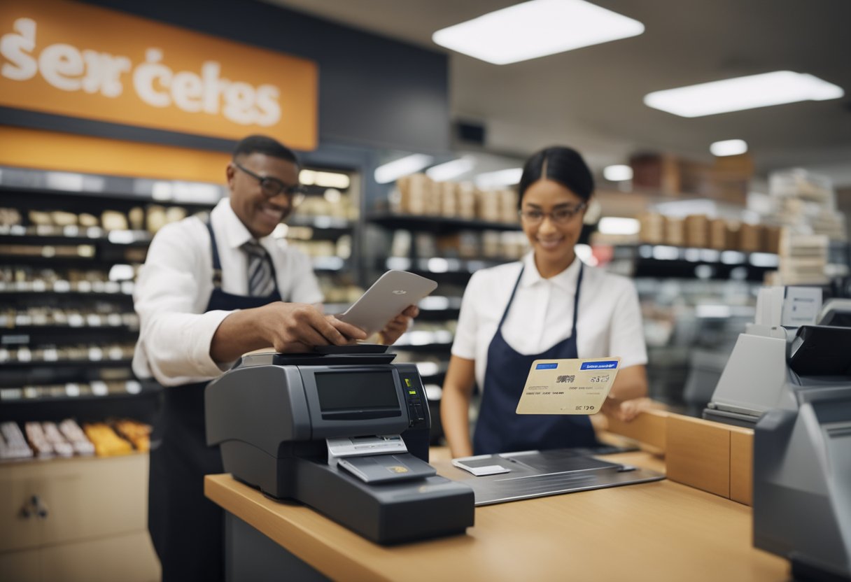 Um atendente de loja ocupado processa rapidamente um pedido de cartão de crédito, enquanto um cliente aguarda ansiosamente seu novo cartão.