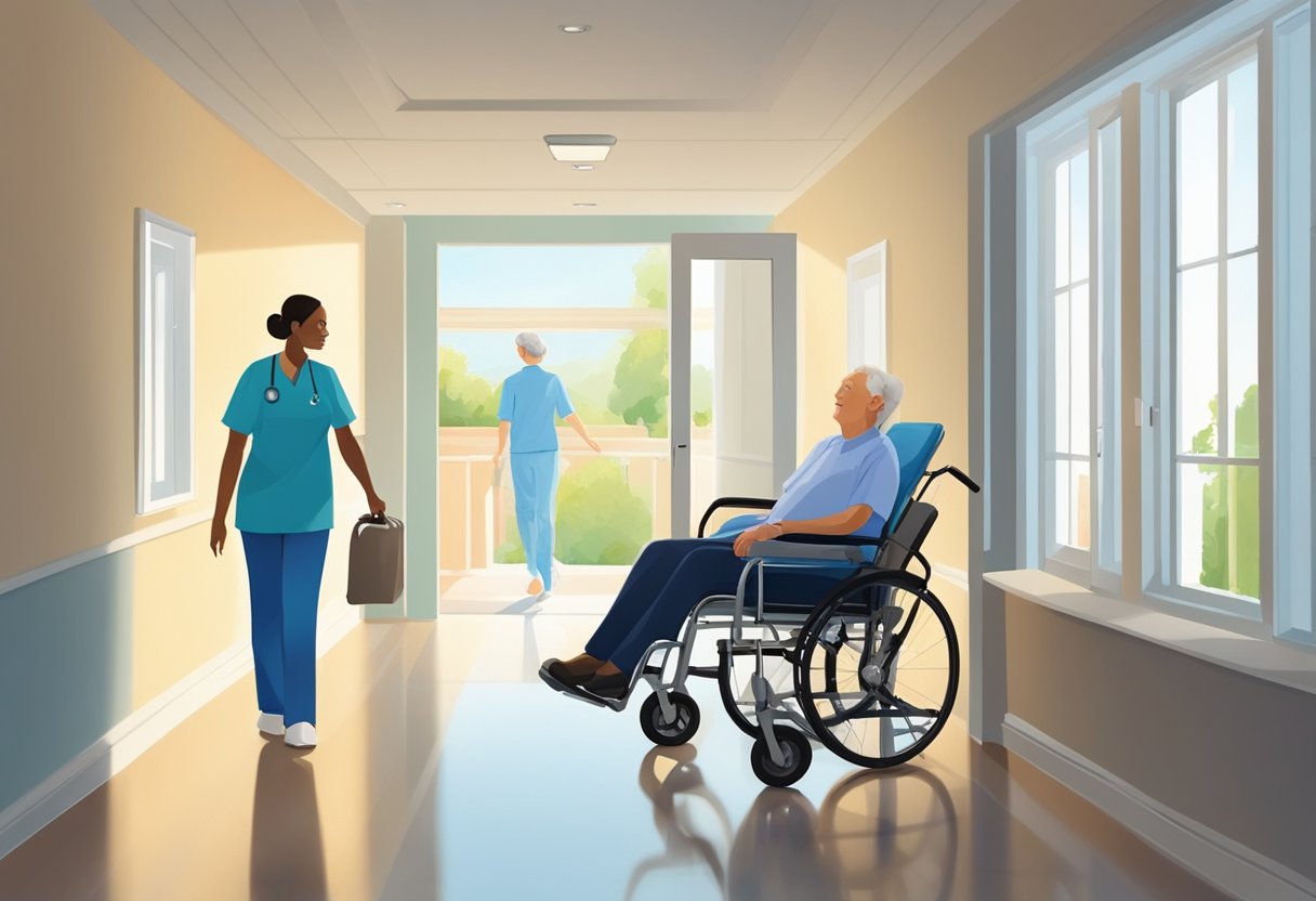 Um cuidador guia gentilmente um paciente reclinado em uma maca robusta por um corredor espaçoso e bem iluminado em direção a uma porta aberta e iluminada.