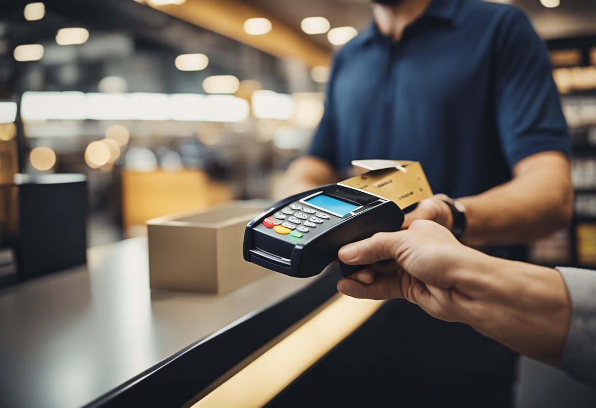 Um cliente recebendo um cartão de crédito instantaneamente no balcão de uma loja
