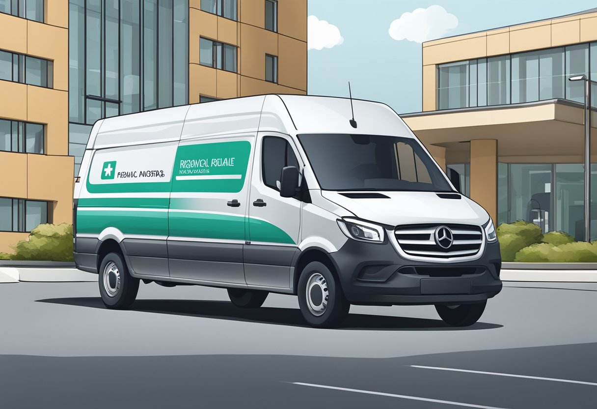 O logotipo de uma empresa de remoção de hospital em uma van limpa e moderna estacionada em frente à entrada de um hospital
