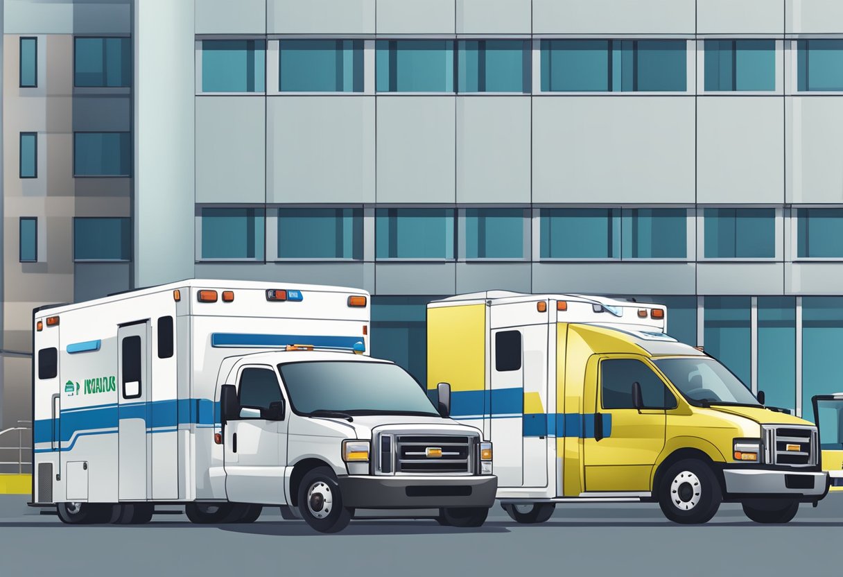 Uma frota de veículos de uma empresa de transporte médico alinhada do lado de fora de um hospital, com ambulâncias, vans e veículos especializados prontos para o transporte de pacientes.