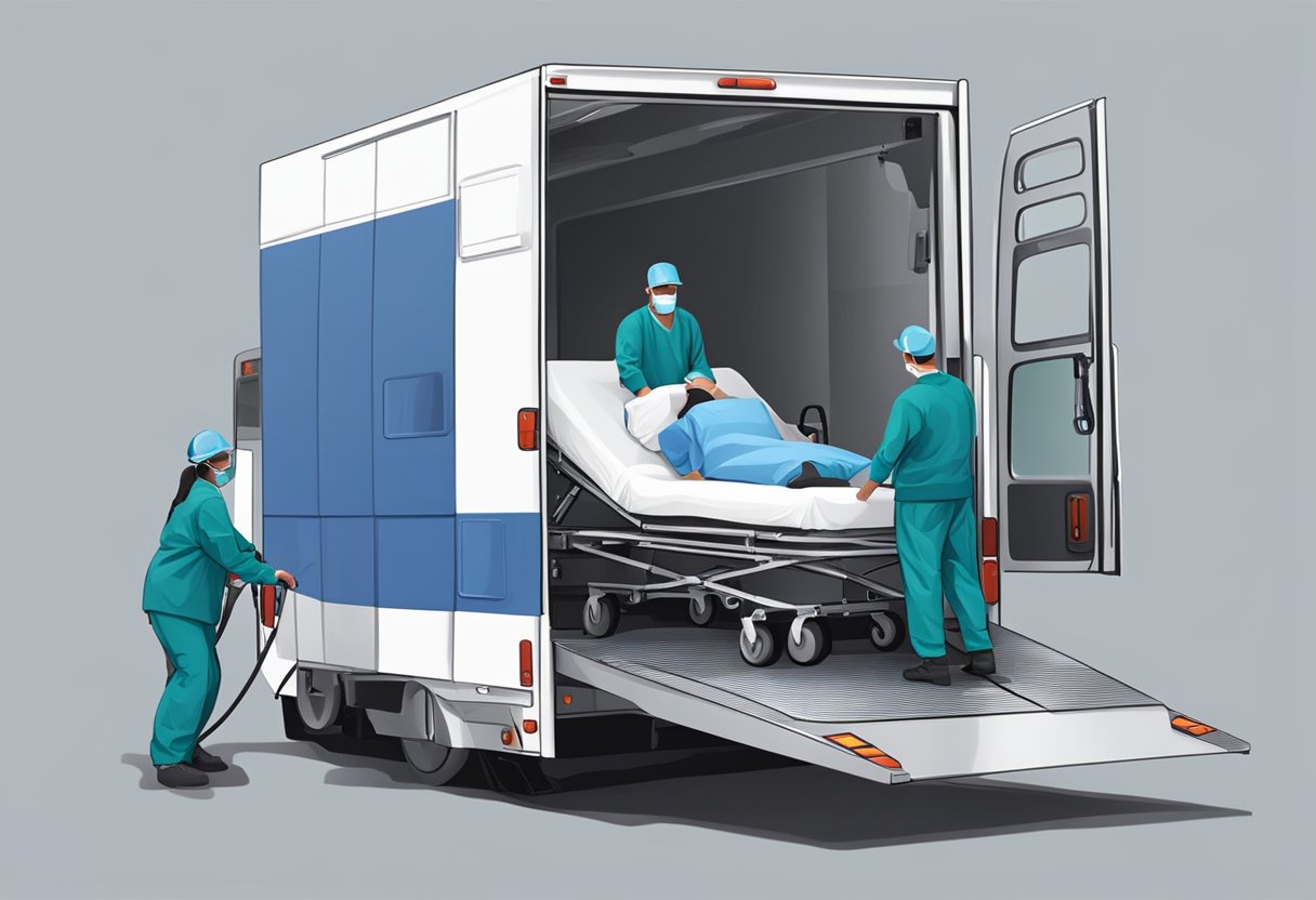 Uma cama de hospital sendo carregada em um veículo de transporte especializado por dois trabalhadores