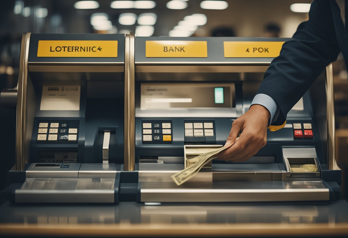 Um funcionário de lotérica deposita dinheiro na fenda de depósito de um banco para outros bancos.