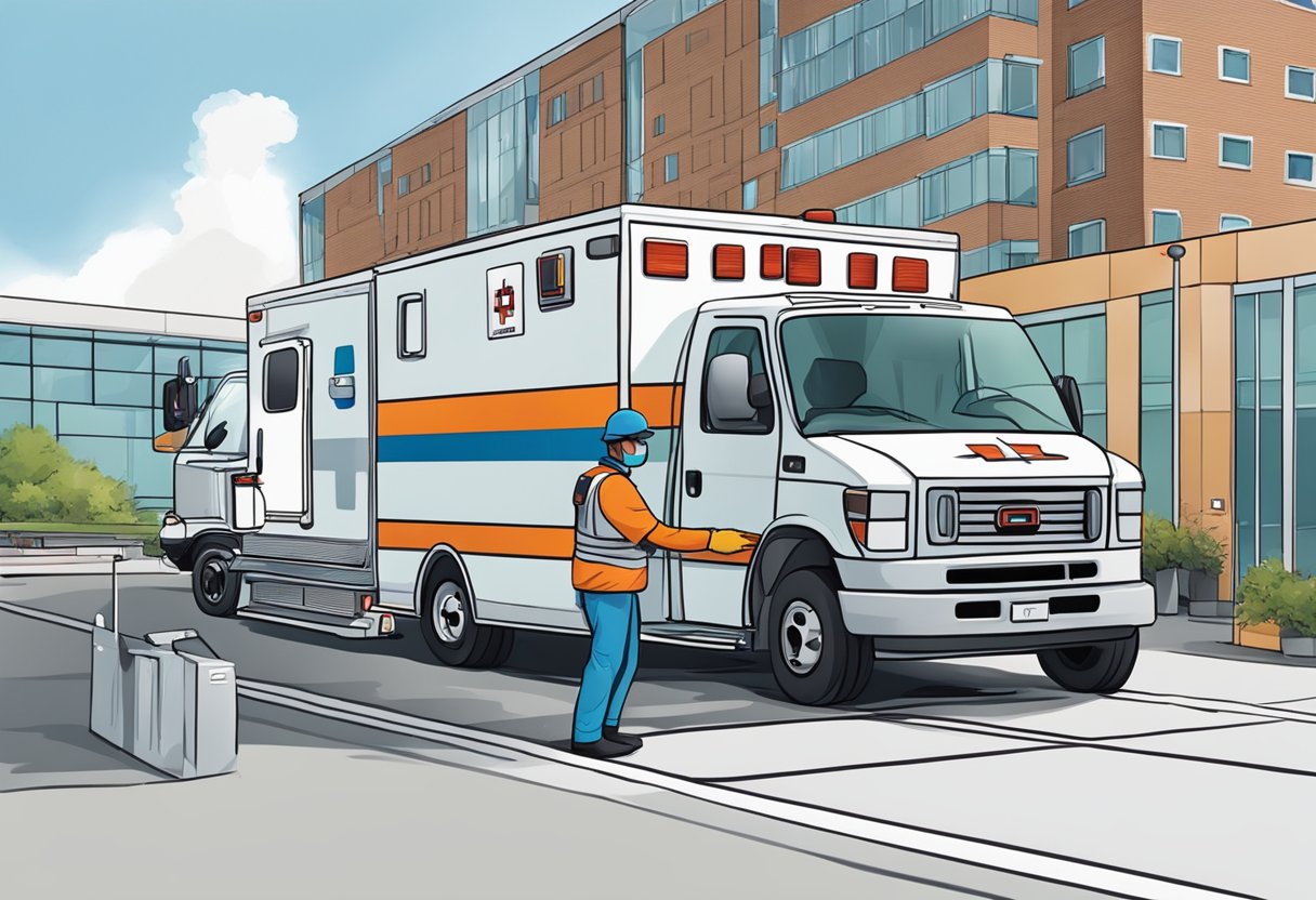 Uma cama de hospital sendo carregada em uma ambulância por dois trabalhadores