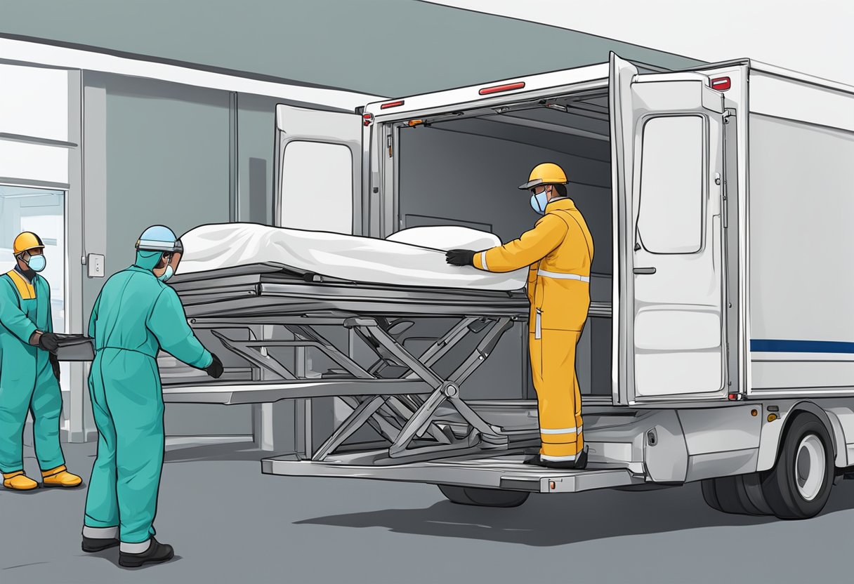 Uma cama de hospital sendo cuidadosamente carregada em um veículo de remoção especializado por trabalhadores com equipamentos de proteção.