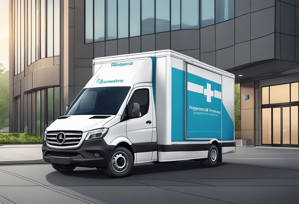 Um logotipo de empresa de remoção hospitalar exibido em uma van limpa e moderna estacionada na entrada de um hospital.