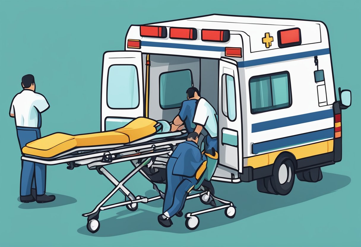 Uma maca médica sendo carregada em uma ambulância por dois paramédicos
