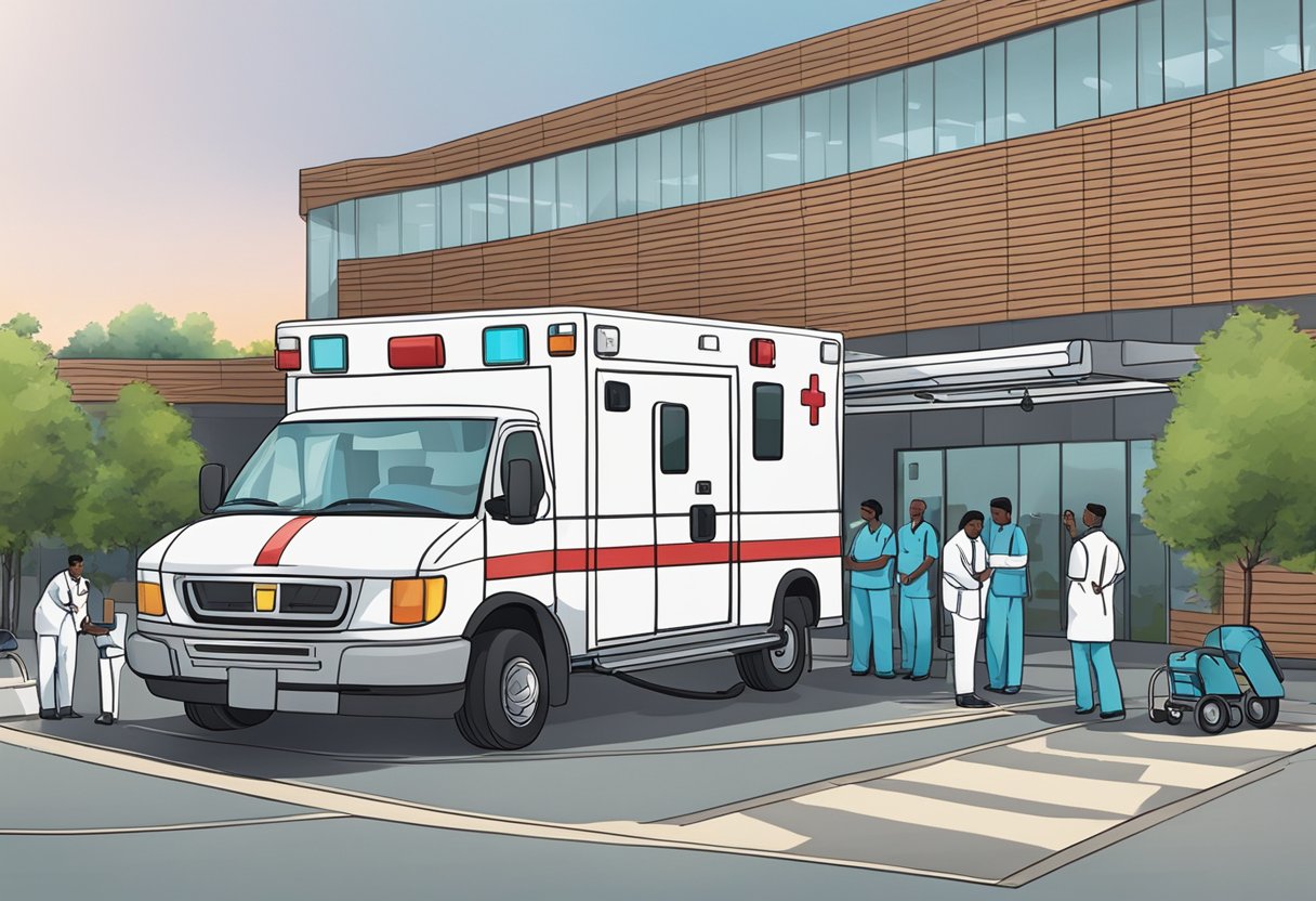 Uma ambulância estacionada do lado de fora de um hospital, com equipamentos médicos sendo carregados nela por funcionários do hospital.