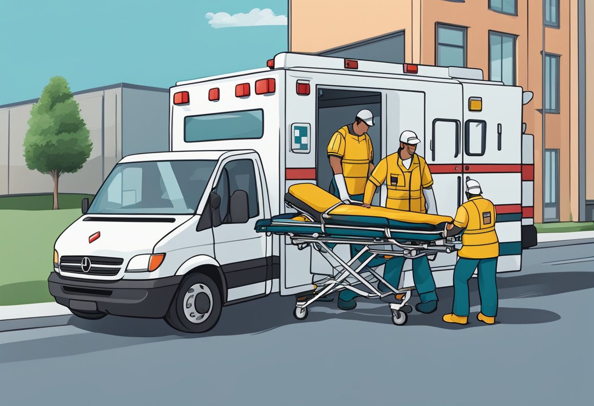 Uma maca hospitalar sendo carregada em uma ambulância por dois paramédicos