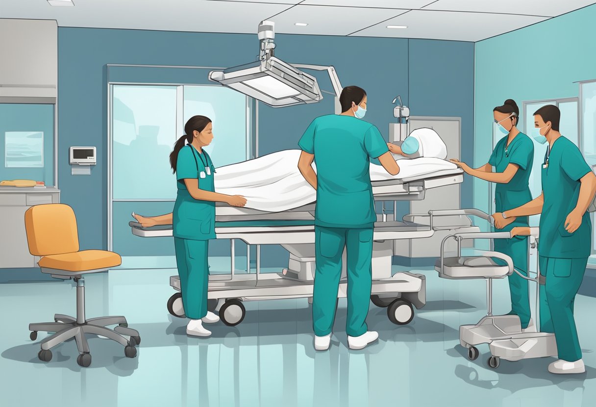 Uma equipe médica realizando treinamento de remoção de pacientes em um ambiente hospitalar