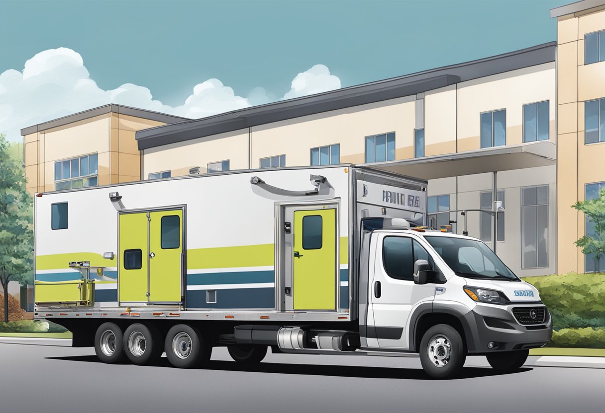 Um veículo de serviço de remoção especializado estacionado do lado de fora de uma instalação médica, com equipamentos médicos sendo carregados nele.