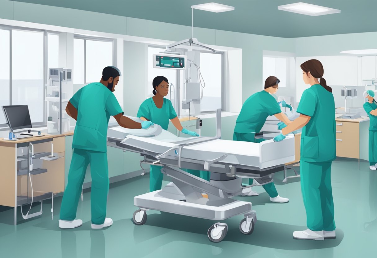 Uma equipe de trabalhadores organiza equipamentos médicos para o serviço de remoção de pacientes em um ambiente hospitalar.