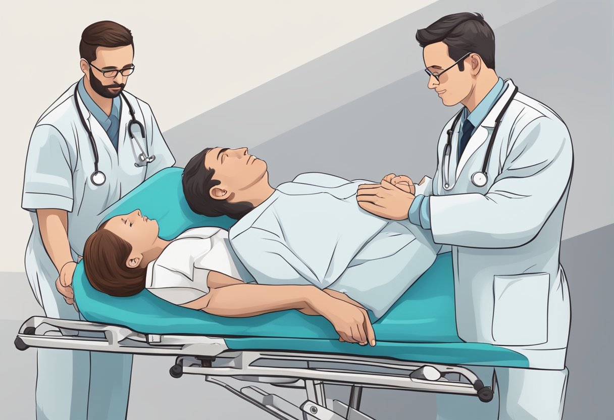 Um paciente sendo cuidadosamente levantado em uma maca por dois profissionais de saúde, com foco no manuseio atencioso e gentil do paciente.