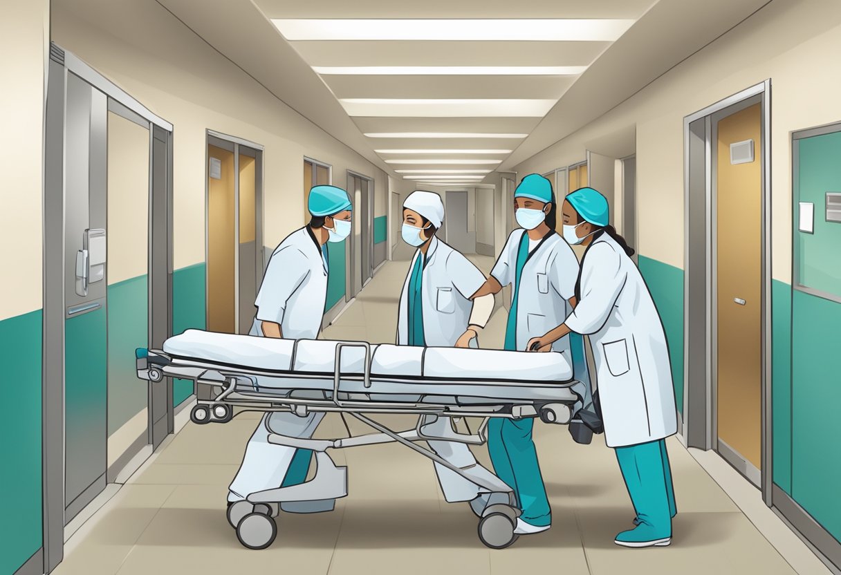 Uma equipe médica transporta um paciente em uma maca pelo corredor de um hospital