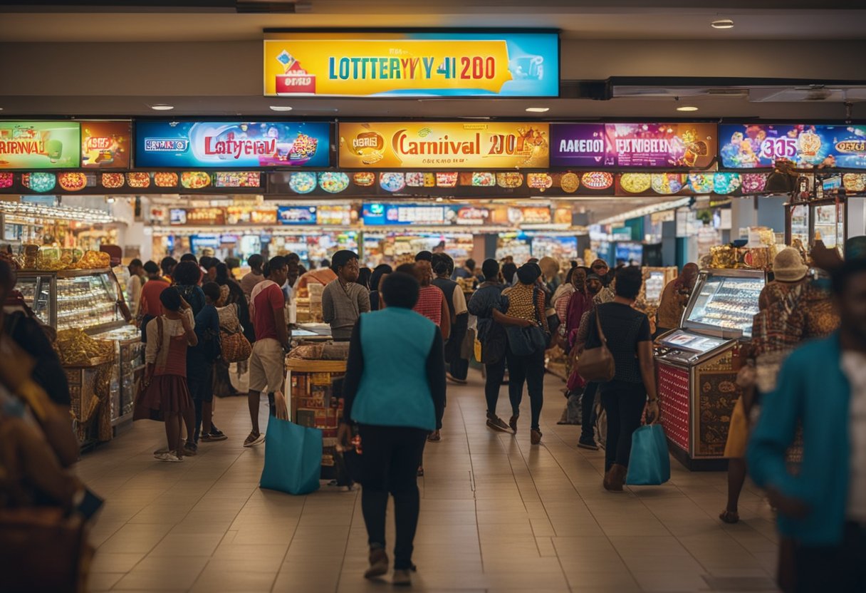 As casas lotéricas estarão abertas no feriado de Carnaval de 2025, com pessoas entrando e saindo, carregando sacolas e trocando dinheiro nos balcões.