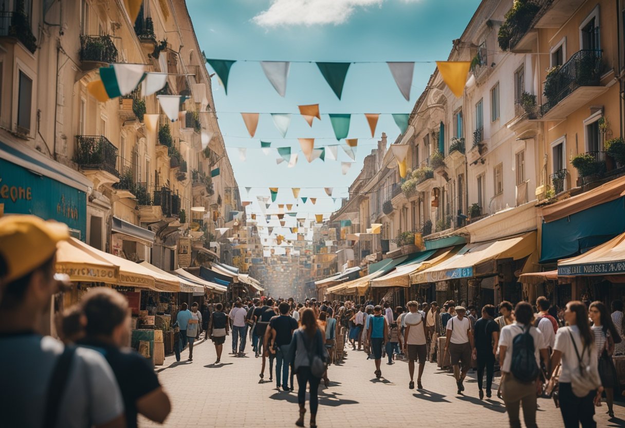 Uma lotérica movimentada em um dia ensolarado de carnaval, com portas abertas e uma fila de clientes esperando para acessar os vários serviços disponíveis.