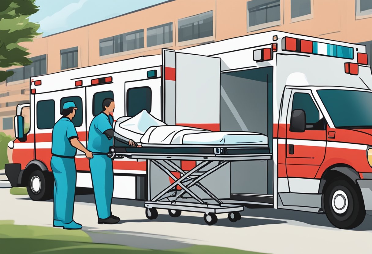 Uma cama de hospital sendo carregada em uma ambulância por profissionais de saúde