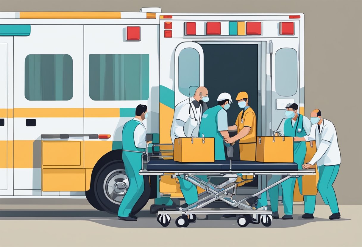 Uma equipe médica carrega equipamentos em uma ambulância para o transporte de pacientes ao hospital.