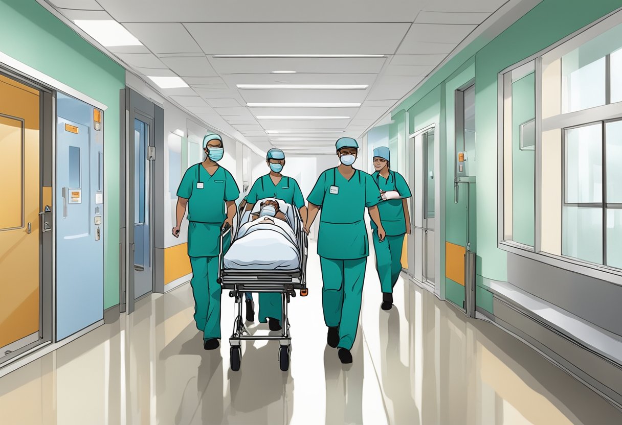 Uma equipe de transporte hospitalar move cuidadosamente um paciente em uma maca por um corredor bem iluminado, enquanto outro membro da equipe garante que o caminho esteja livre.