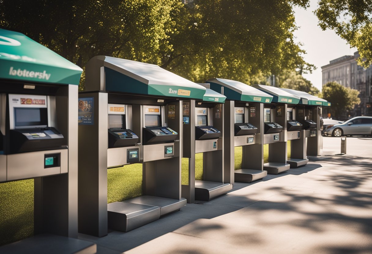 Uma fila de quiosques de loteria abertos em uma manhã ensolarada de sábado