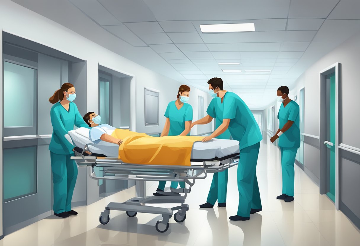 Uma equipe médica transporta um paciente em estado crítico em uma maca por um corredor de hospital