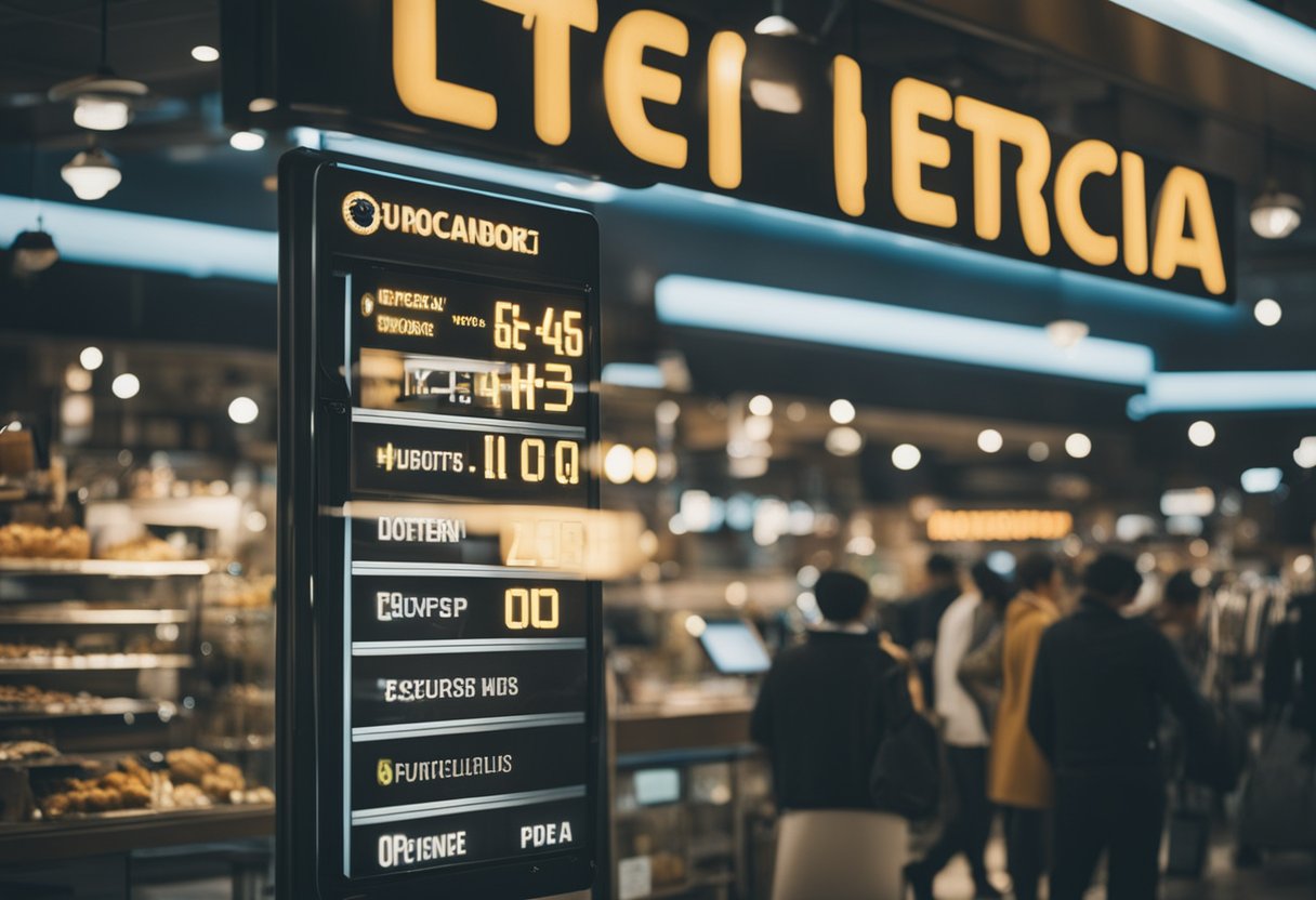 Uma lotérica movimentada com placa de aberto no sábado