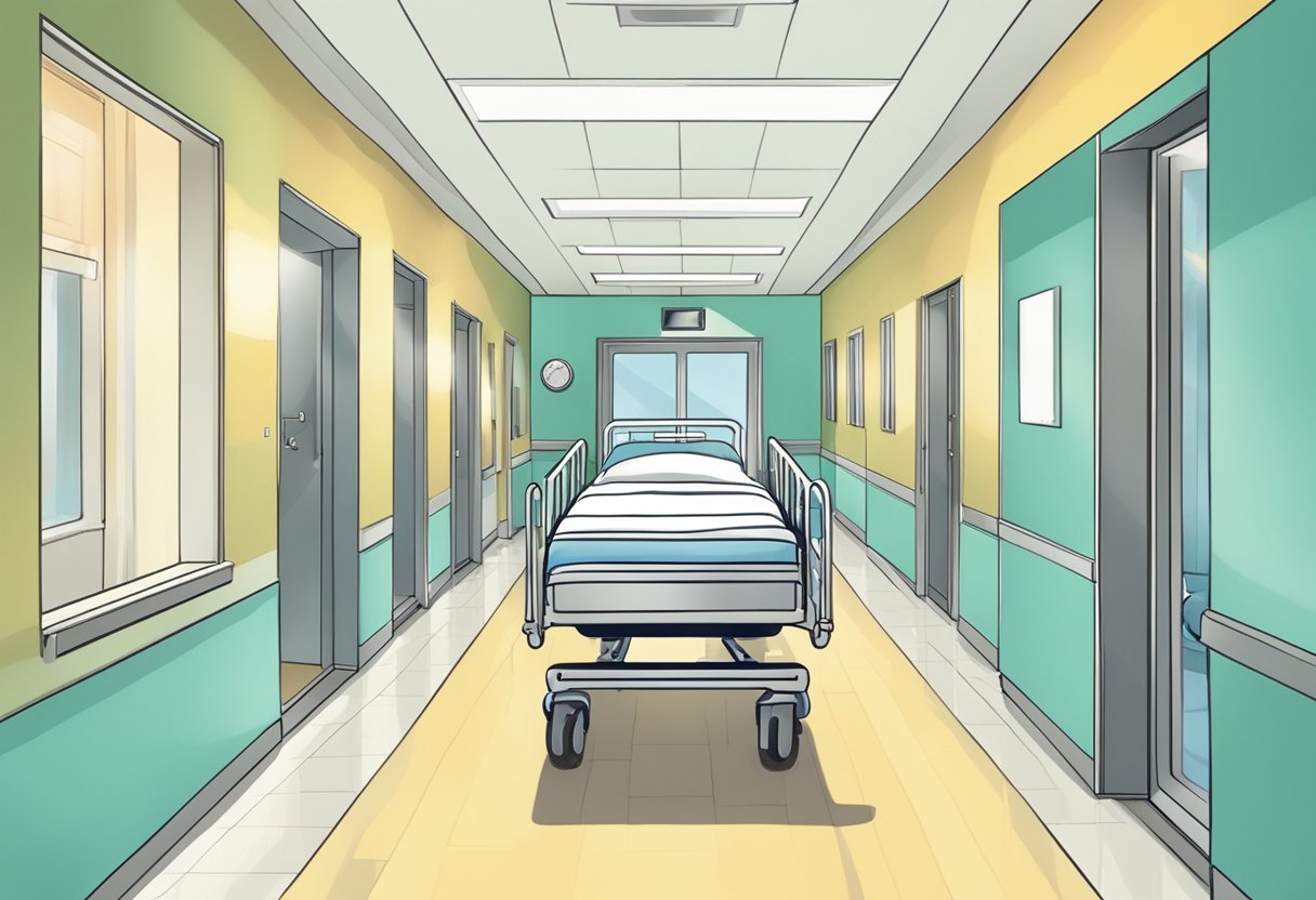 Uma cama de hospital sendo empurrada por um profissional de saúde por um corredor bem iluminado