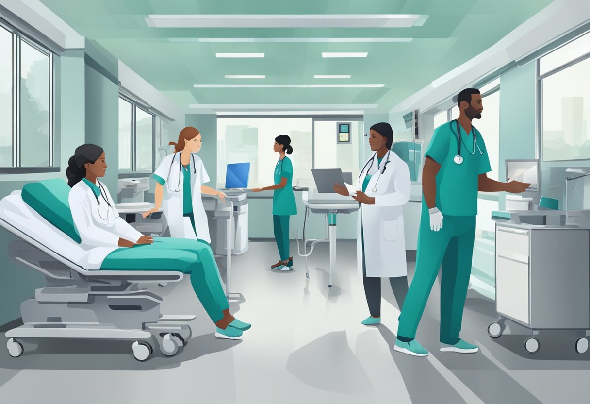 Uma equipe de profissionais médicos coordena transferências de pacientes em um ambiente hospitalar, comunicando-se e trabalhando juntos de forma eficiente.