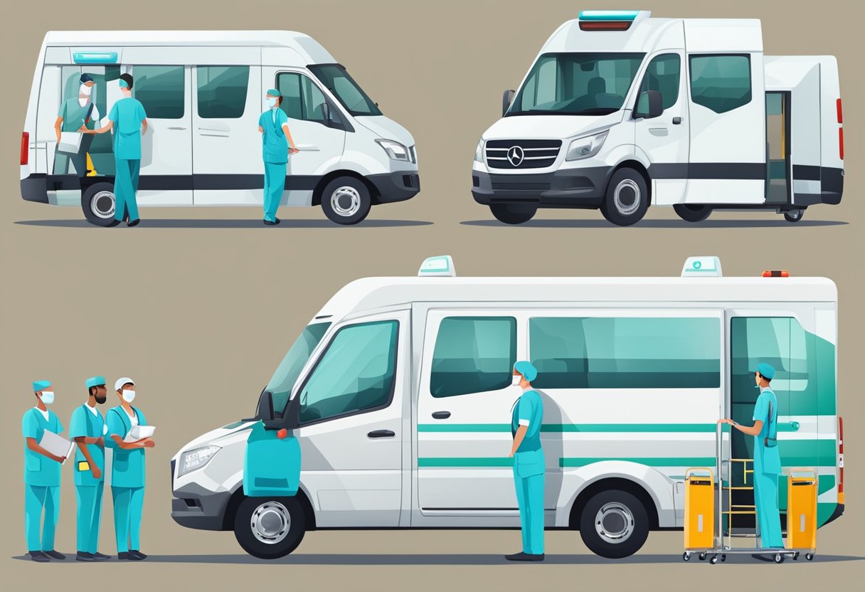 Um veículo de transporte hospitalar moderno com equipamentos médicos e uma equipe de profissionais garantindo atendimento de qualidade para os pacientes