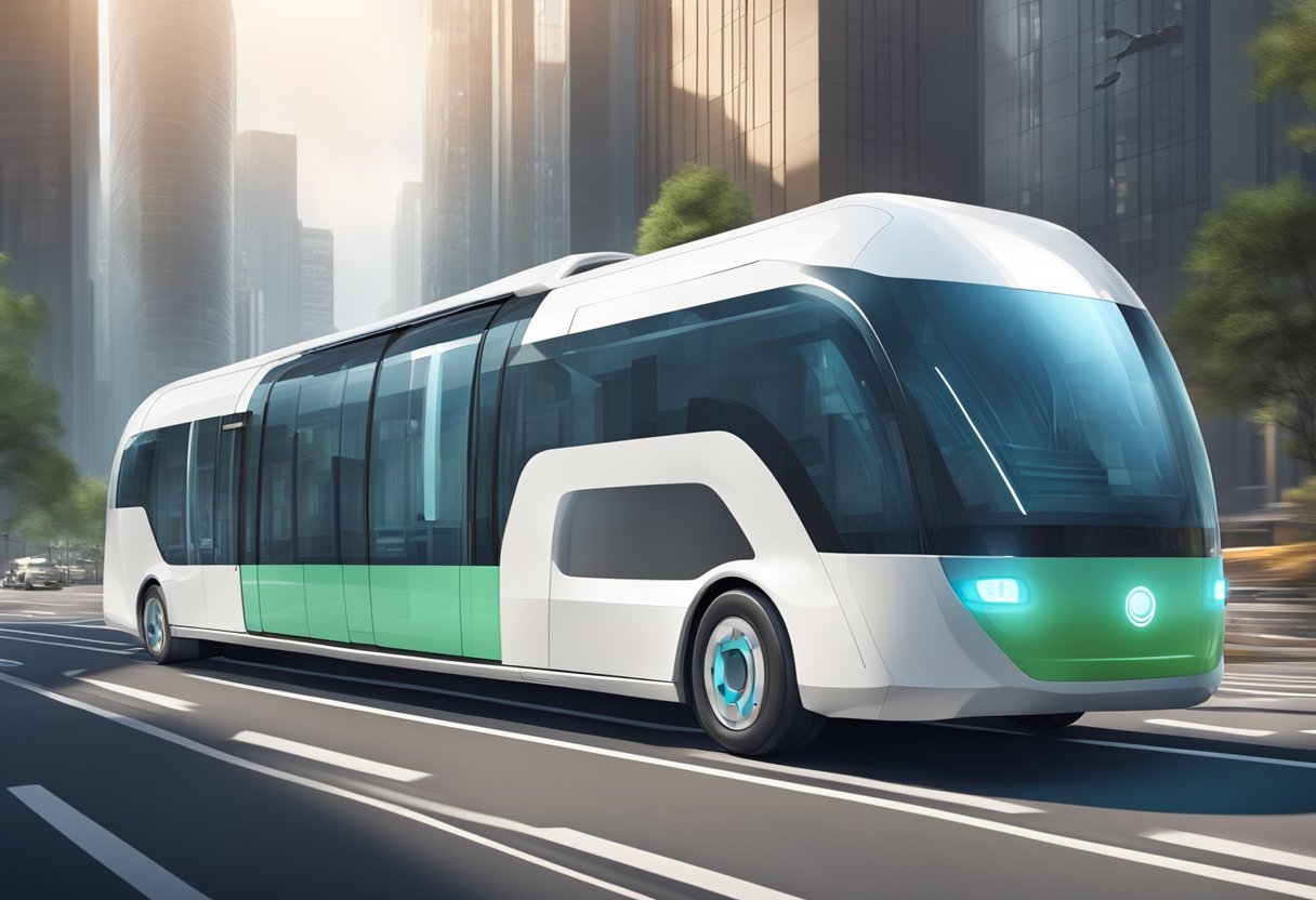 Um veículo de transporte hospitalar futurista navegando por uma cidade movimentada, com tecnologia avançada e movimento suave e eficiente.