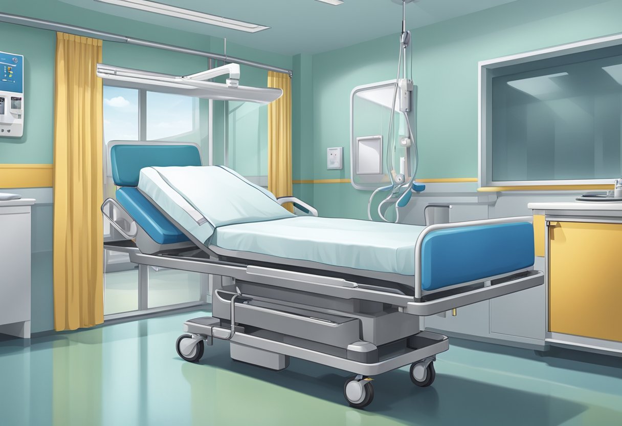 Uma cama de hospital sendo completamente desinfetada antes de transportar um paciente