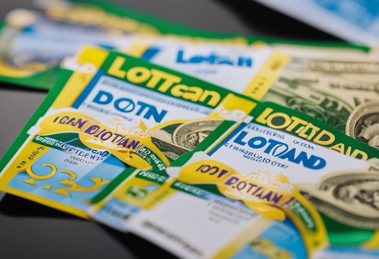 Um bilhete de loteria colorido com o logo da Lottoland e uma pilha de dinheiro