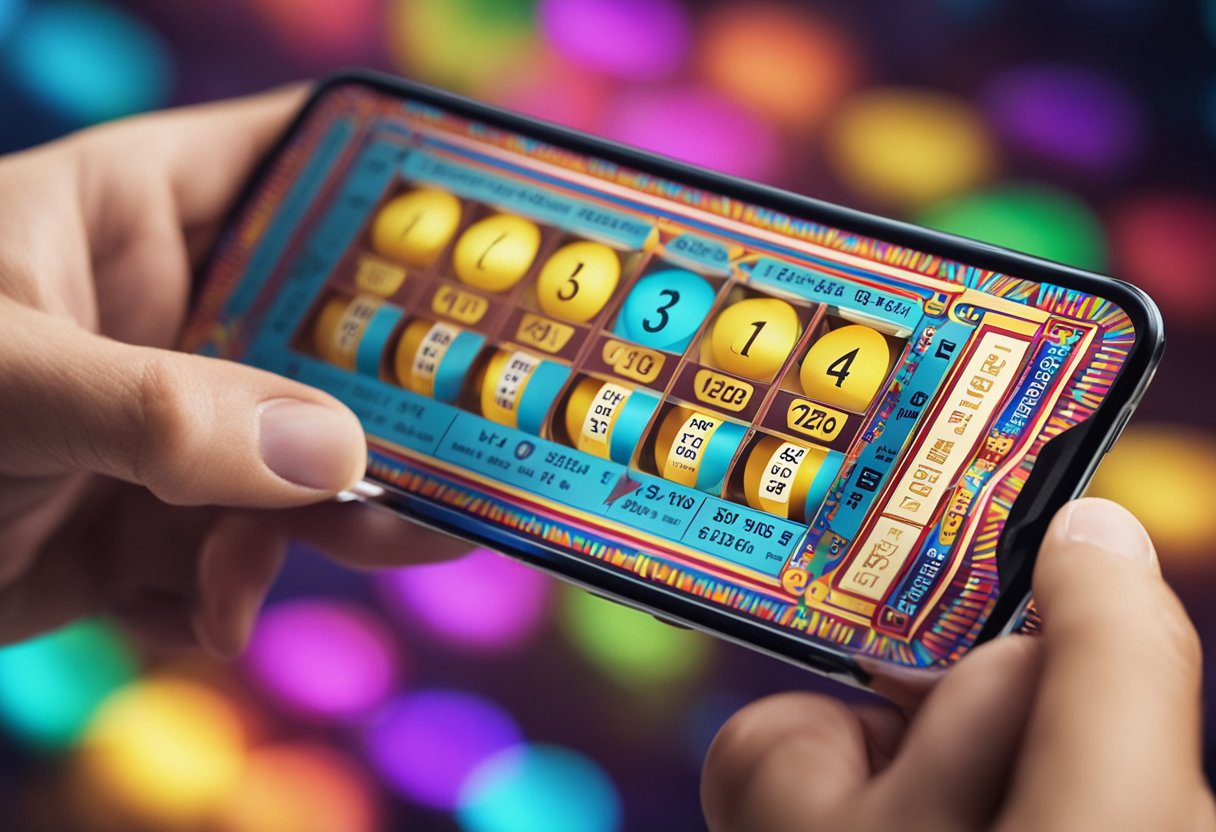 Um bilhete de loteria vibrante sendo escaneado e aprovado por um dispositivo digital, com um display colorido mostrando uma confirmação de vitória