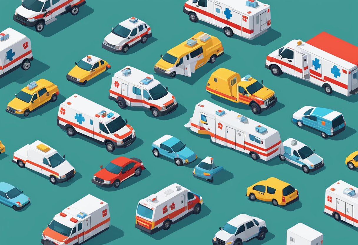 Uma variedade de ambulâncias estacionadas do lado de fora de um hospital, incluindo uma ambulância particular com um preço exibido.