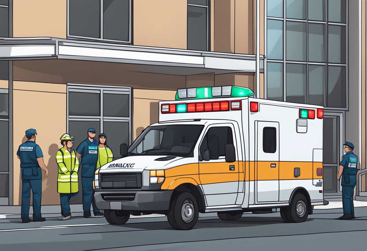 Uma ambulância estacionada do lado de fora de um prédio, com suas luzes piscando e os paramédicos atendendo a um paciente em uma maca